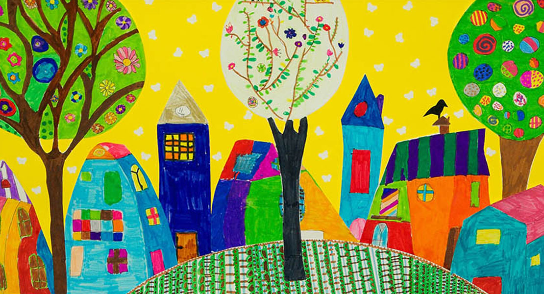 Dessin d'enfant avec des maisons dans un paysage coloré