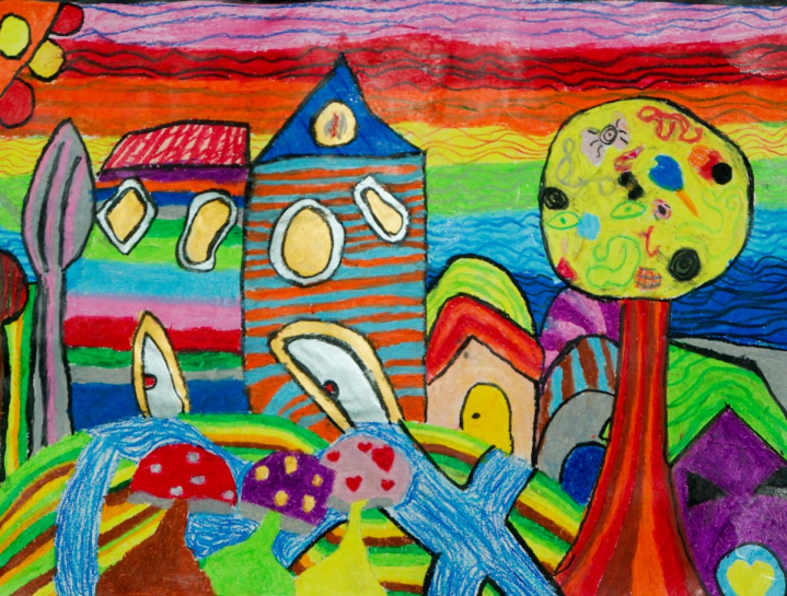 Dessin d'enfant avec des maisons dans un paysage coloré